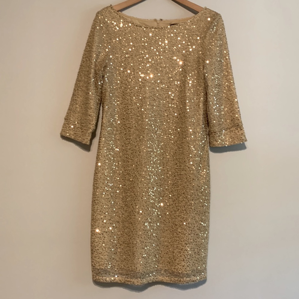 ABS Allen Schwartz collection gold sequin half sleeve sheath dress